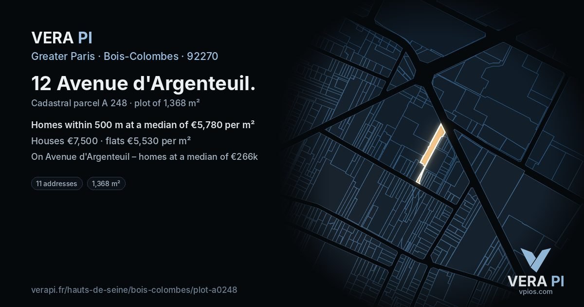 12 Avenue d'Argenteuil, Bois-Colombes at night – the plot lit, the parcels around coloured by the prices near them