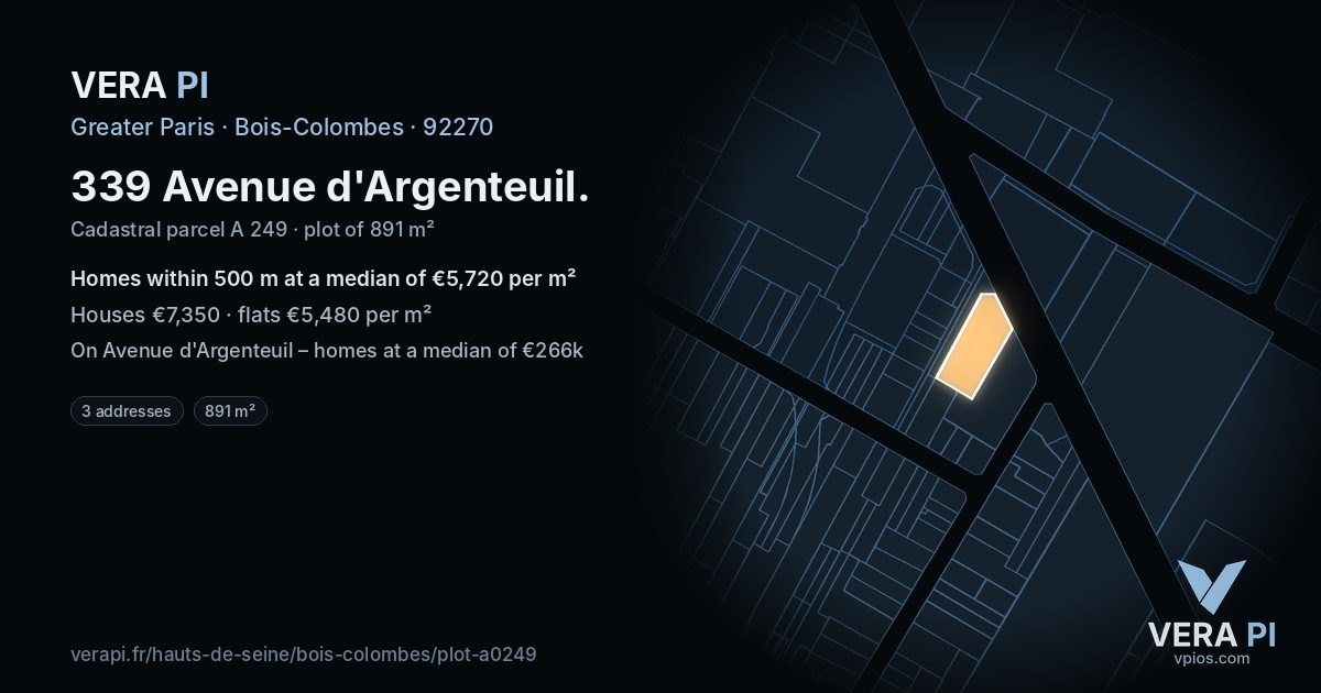 339 Avenue d'Argenteuil, Bois-Colombes at night – the plot lit, the parcels around coloured by the prices near them