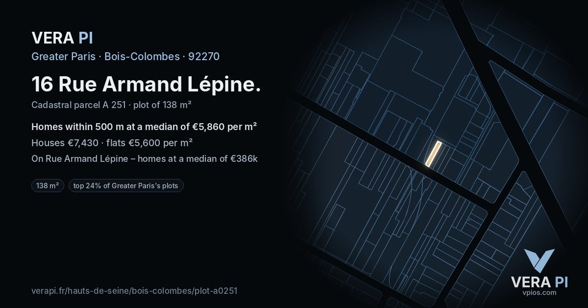 16 Rue Armand Lépine, Bois-Colombes at night – the plot lit, the parcels around coloured by the prices near them