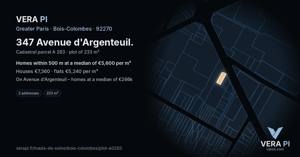 347 Avenue d'Argenteuil, Bois-Colombes at night – the plot lit, the parcels around coloured by the prices near them
