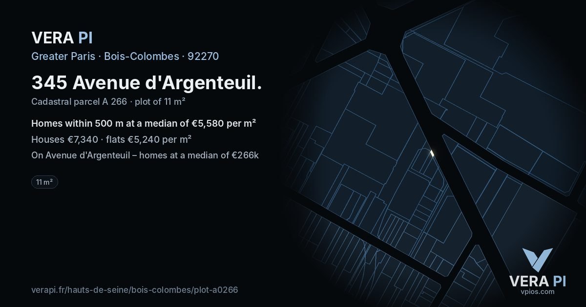 345 Avenue d'Argenteuil, Bois-Colombes at night – the plot lit, the parcels around coloured by the prices near them