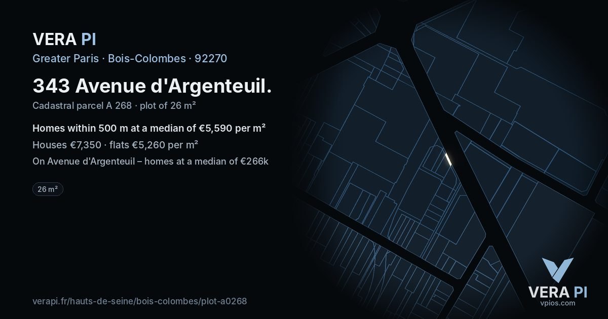 343 Avenue d'Argenteuil, Bois-Colombes at night – the plot lit, the parcels around coloured by the prices near them