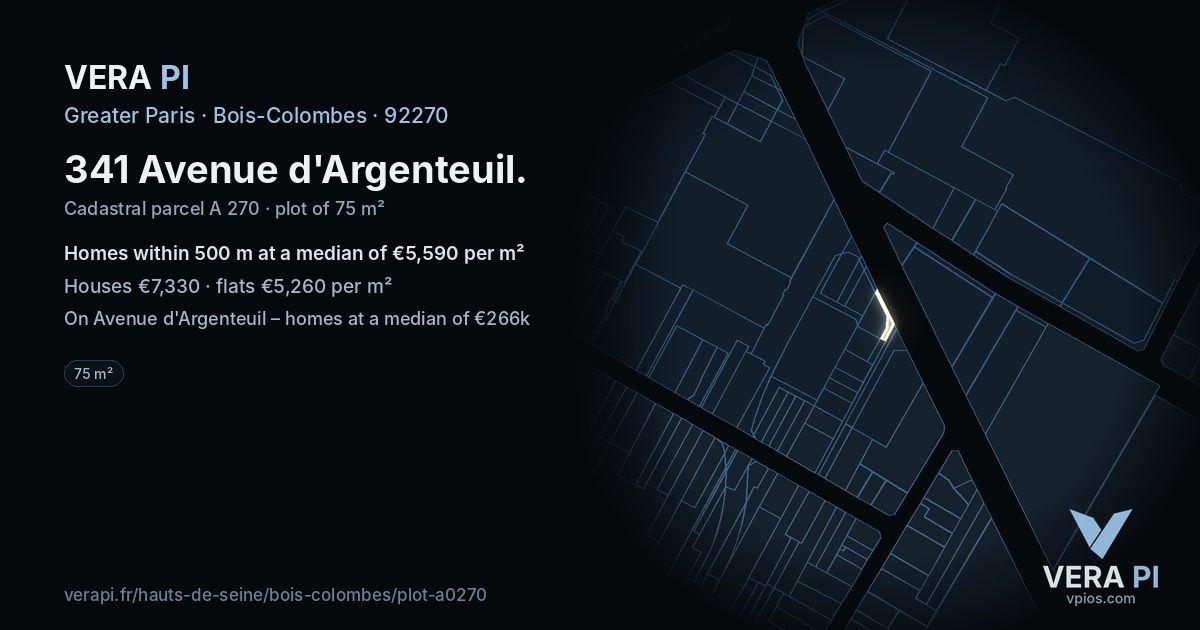 341 Avenue d'Argenteuil, Bois-Colombes at night – the plot lit, the parcels around coloured by the prices near them