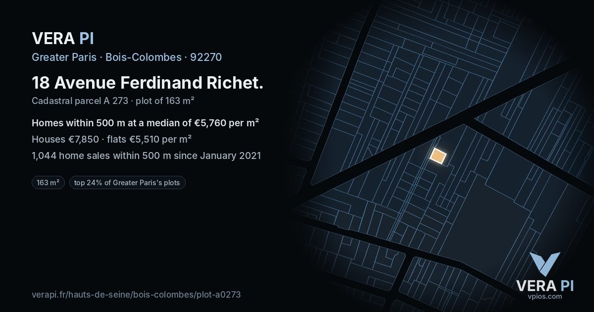 18 Avenue Ferdinand Richet, Bois-Colombes at night – the plot lit, the parcels around coloured by the prices near them