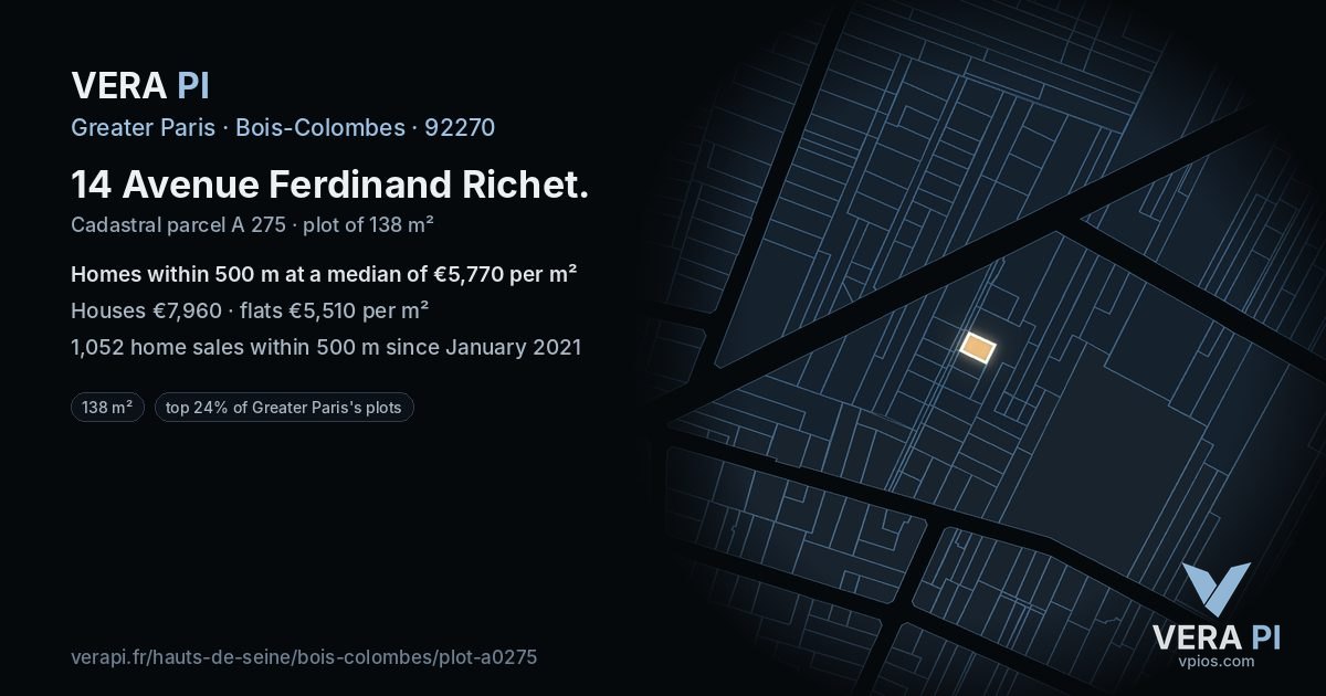 14 Avenue Ferdinand Richet, Bois-Colombes at night – the plot lit, the parcels around coloured by the prices near them