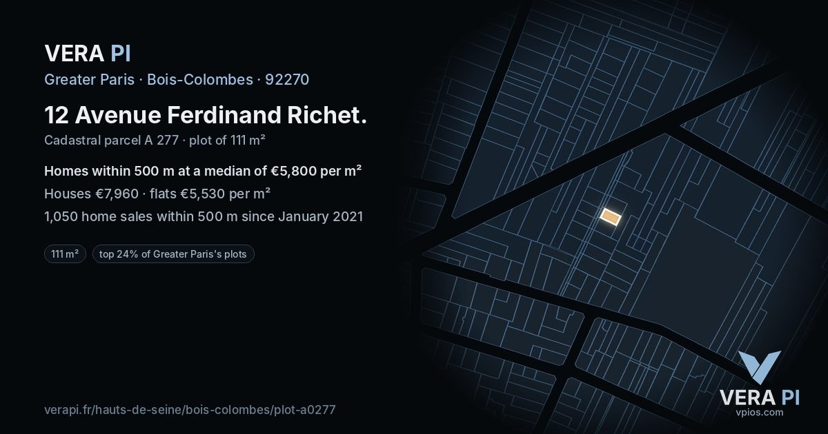 12 Avenue Ferdinand Richet, Bois-Colombes at night – the plot lit, the parcels around coloured by the prices near them