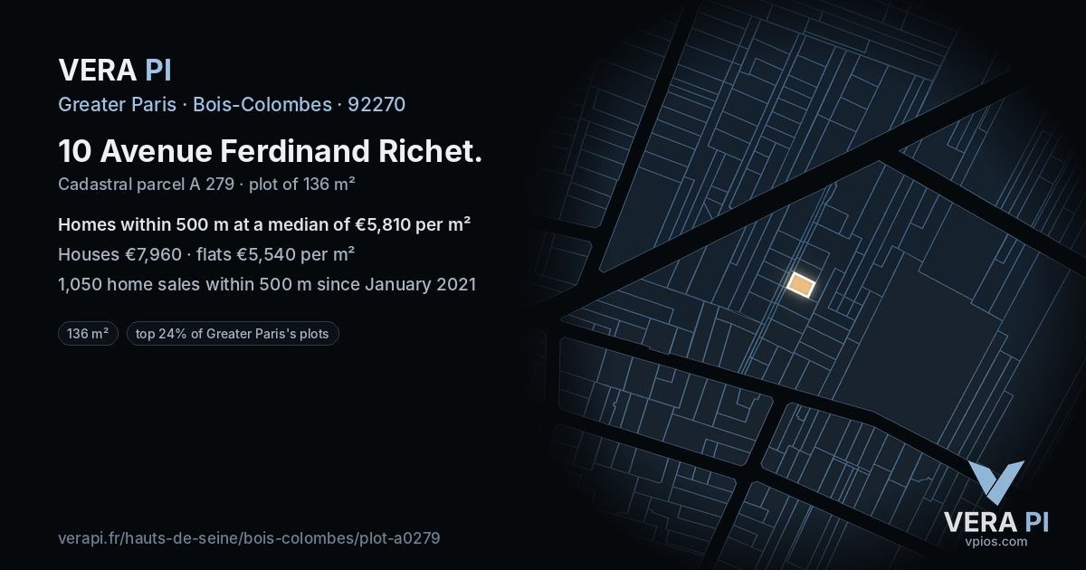 10 Avenue Ferdinand Richet, Bois-Colombes at night – the plot lit, the parcels around coloured by the prices near them