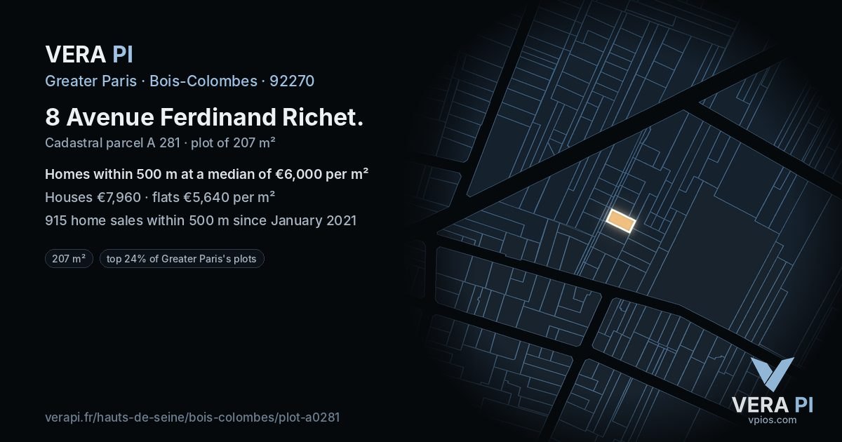 8 Avenue Ferdinand Richet, Bois-Colombes at night – the plot lit, the parcels around coloured by the prices near them