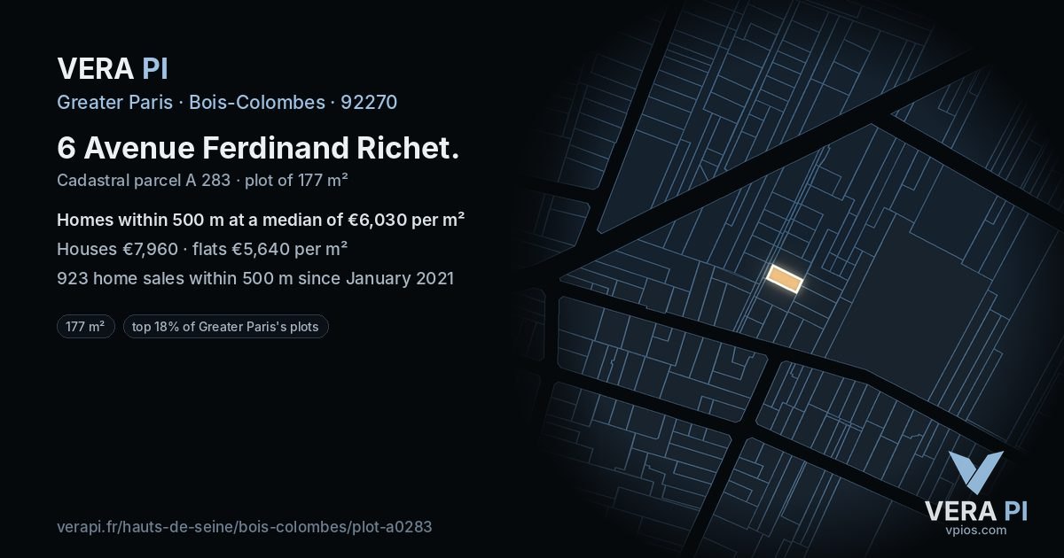 6 Avenue Ferdinand Richet, Bois-Colombes at night – the plot lit, the parcels around coloured by the prices near them