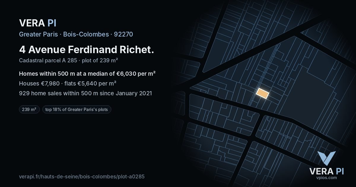 4 Avenue Ferdinand Richet, Bois-Colombes at night – the plot lit, the parcels around coloured by the prices near them