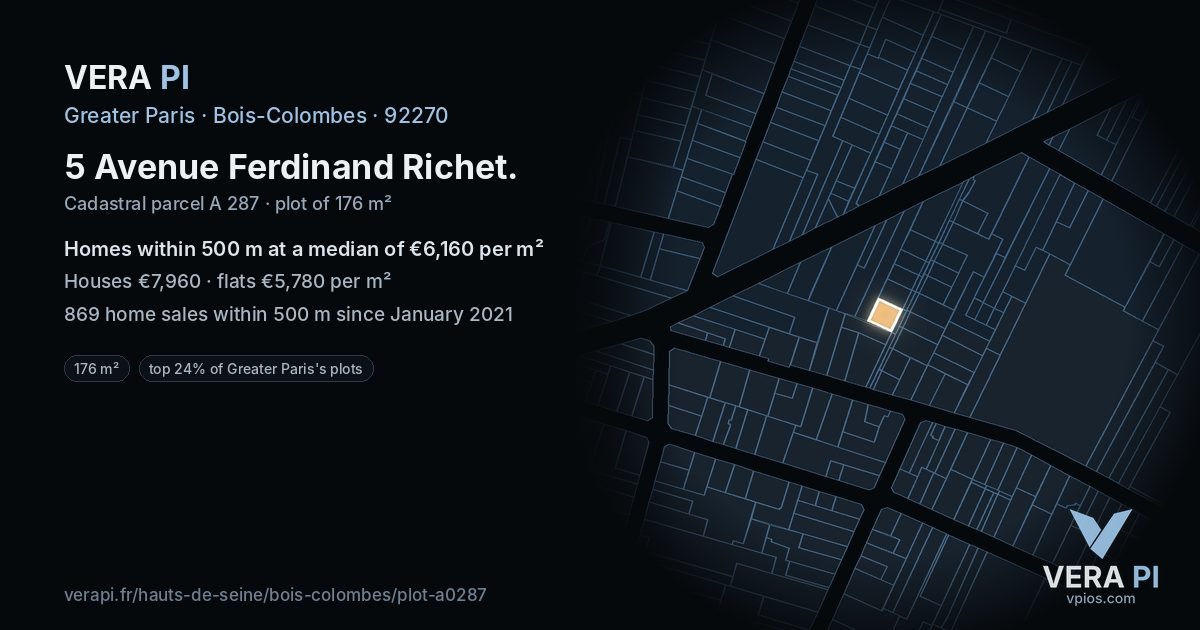 5 Avenue Ferdinand Richet, Bois-Colombes at night – the plot lit, the parcels around coloured by the prices near them