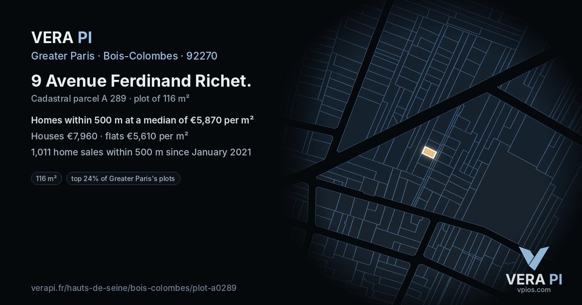 9 Avenue Ferdinand Richet, Bois-Colombes at night – the plot lit, the parcels around coloured by the prices near them