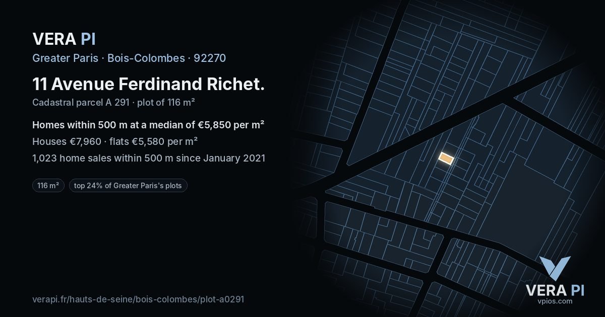 11 Avenue Ferdinand Richet, Bois-Colombes at night – the plot lit, the parcels around coloured by the prices near them