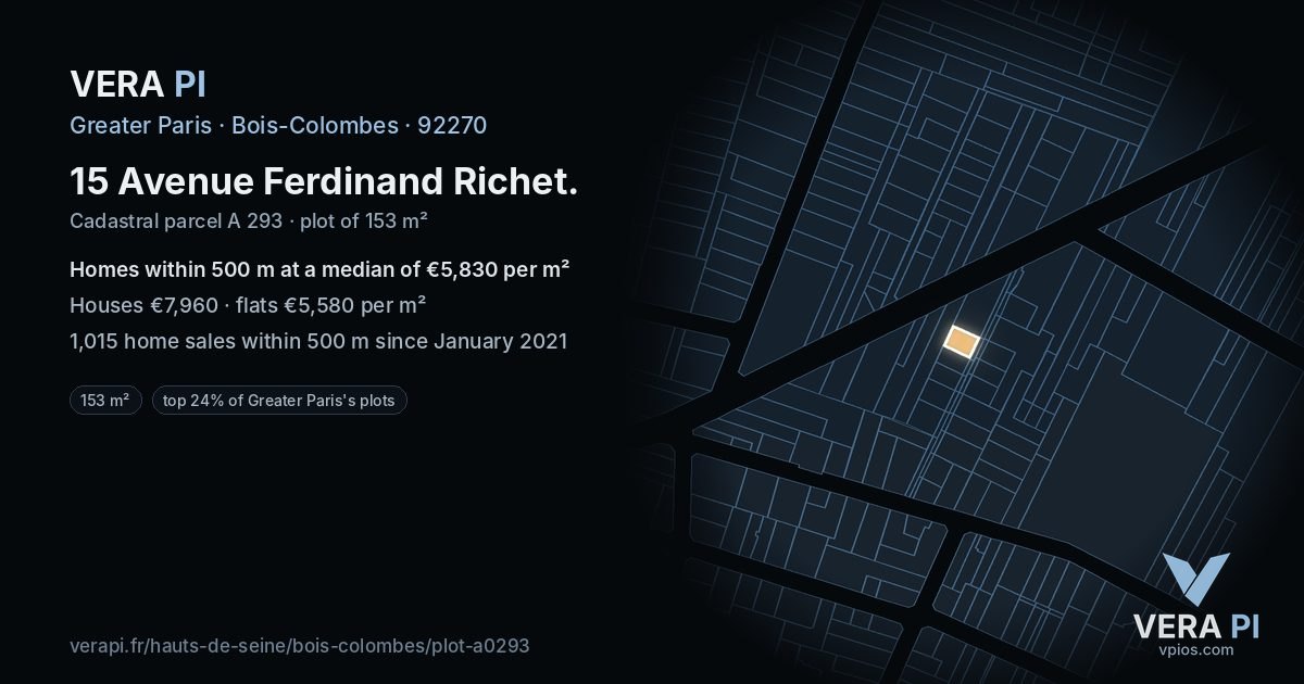 15 Avenue Ferdinand Richet, Bois-Colombes at night – the plot lit, the parcels around coloured by the prices near them