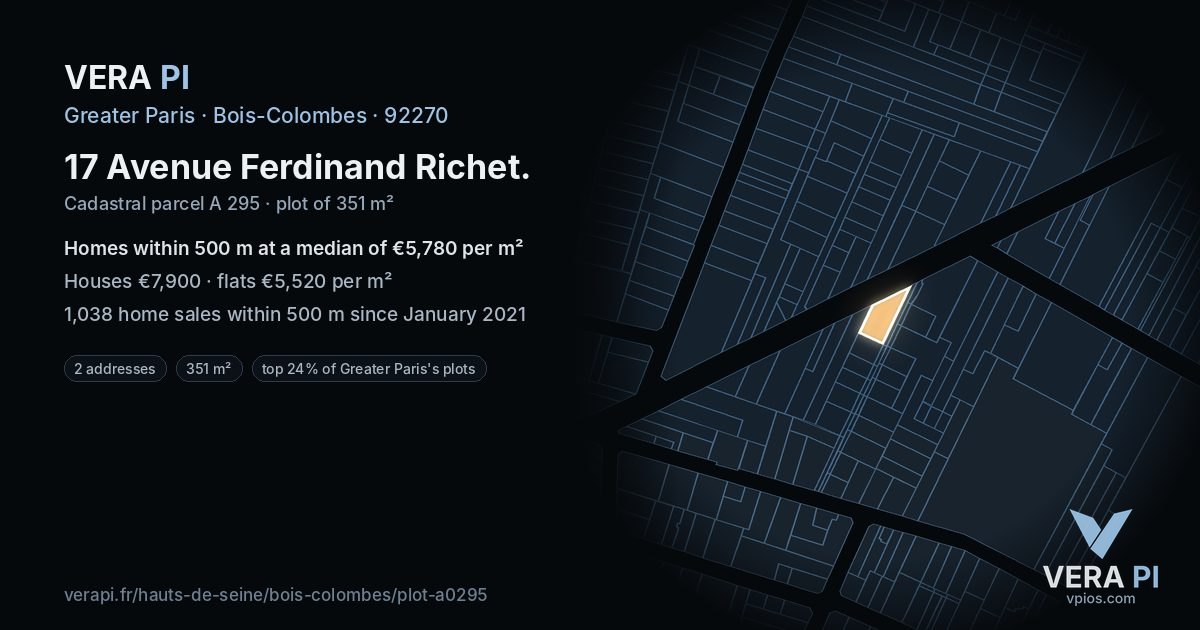 17 Avenue Ferdinand Richet, Bois-Colombes at night – the plot lit, the parcels around coloured by the prices near them