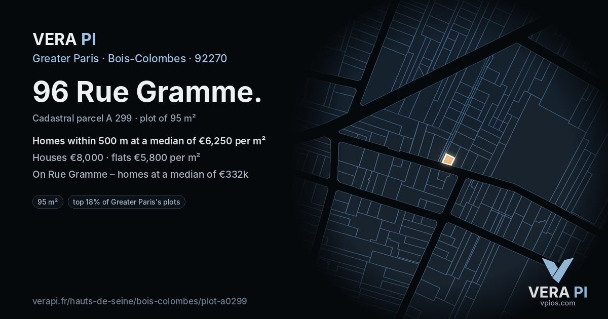 96 Rue Gramme, Bois-Colombes at night – the plot lit, the parcels around coloured by the prices near them