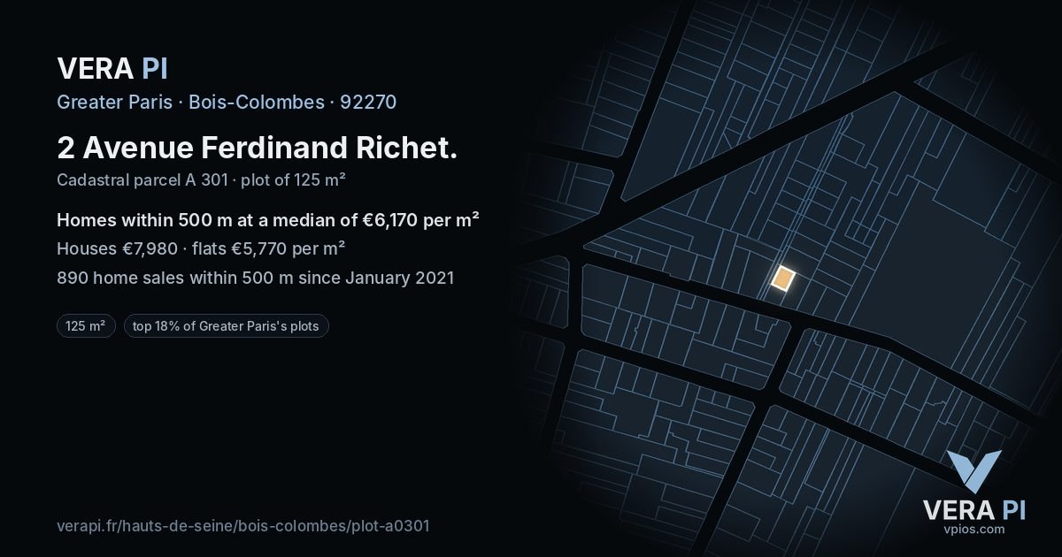 2 Avenue Ferdinand Richet, Bois-Colombes at night – the plot lit, the parcels around coloured by the prices near them