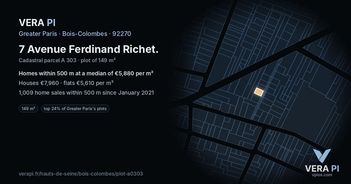 7 Avenue Ferdinand Richet, Bois-Colombes at night – the plot lit, the parcels around coloured by the prices near them