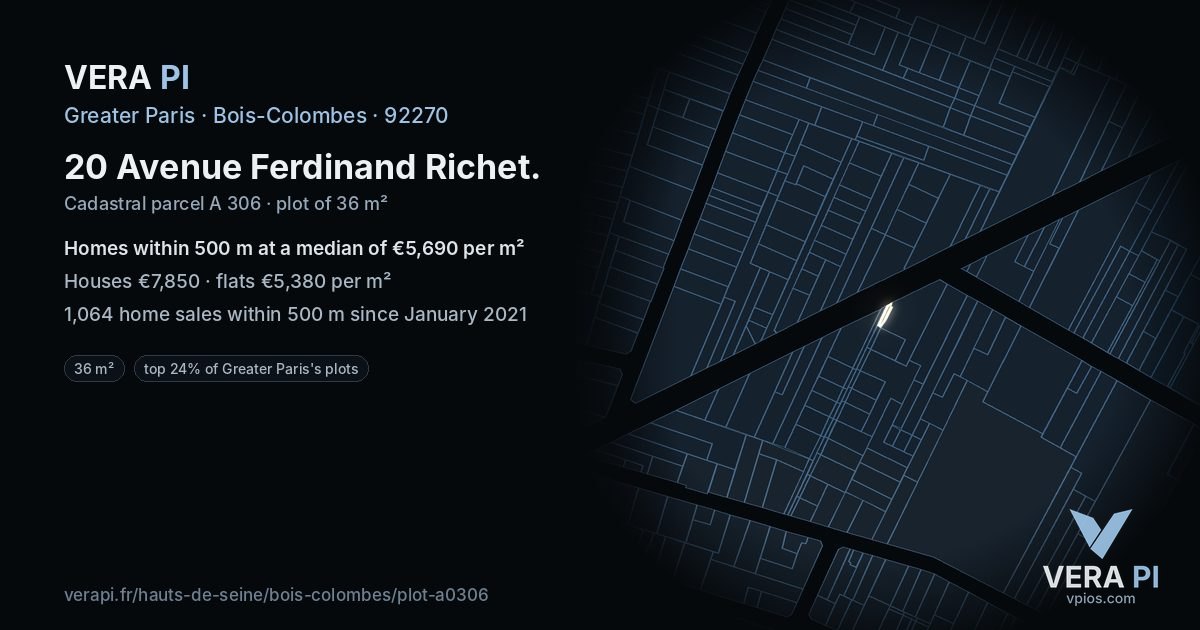 20 Avenue Ferdinand Richet, Bois-Colombes at night – the plot lit, the parcels around coloured by the prices near them