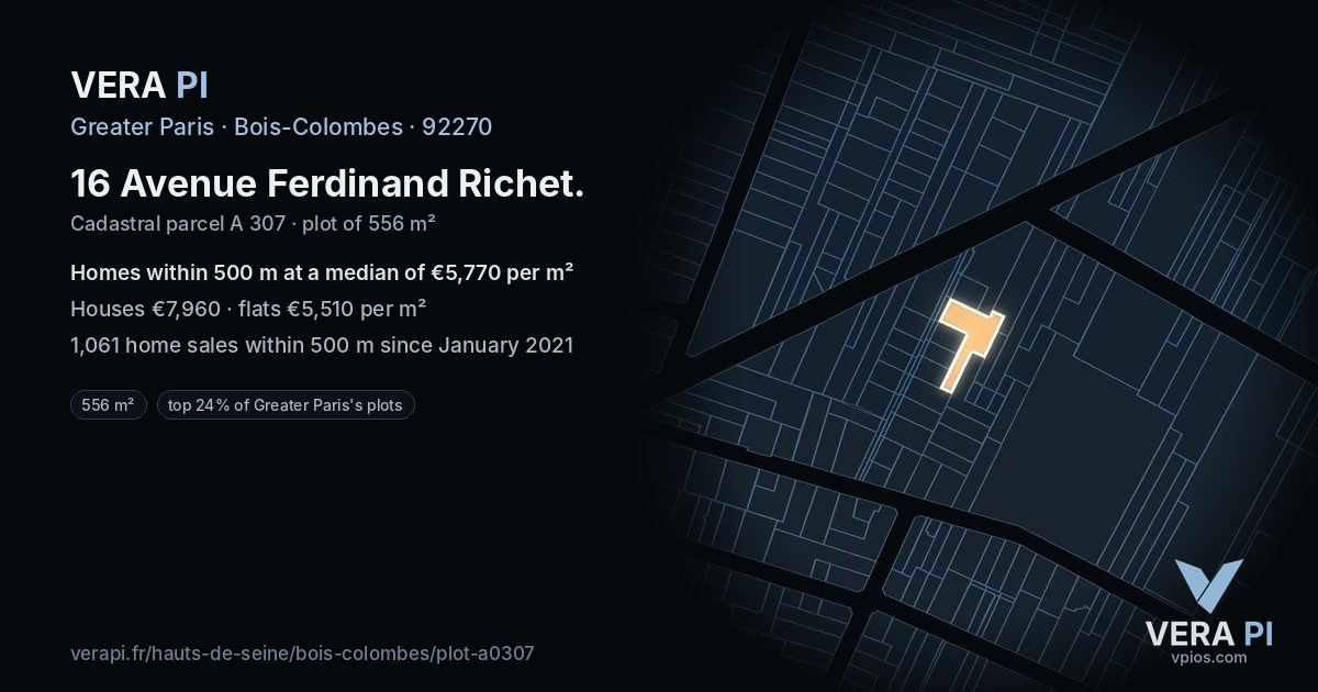 16 Avenue Ferdinand Richet, Bois-Colombes at night – the plot lit, the parcels around coloured by the prices near them