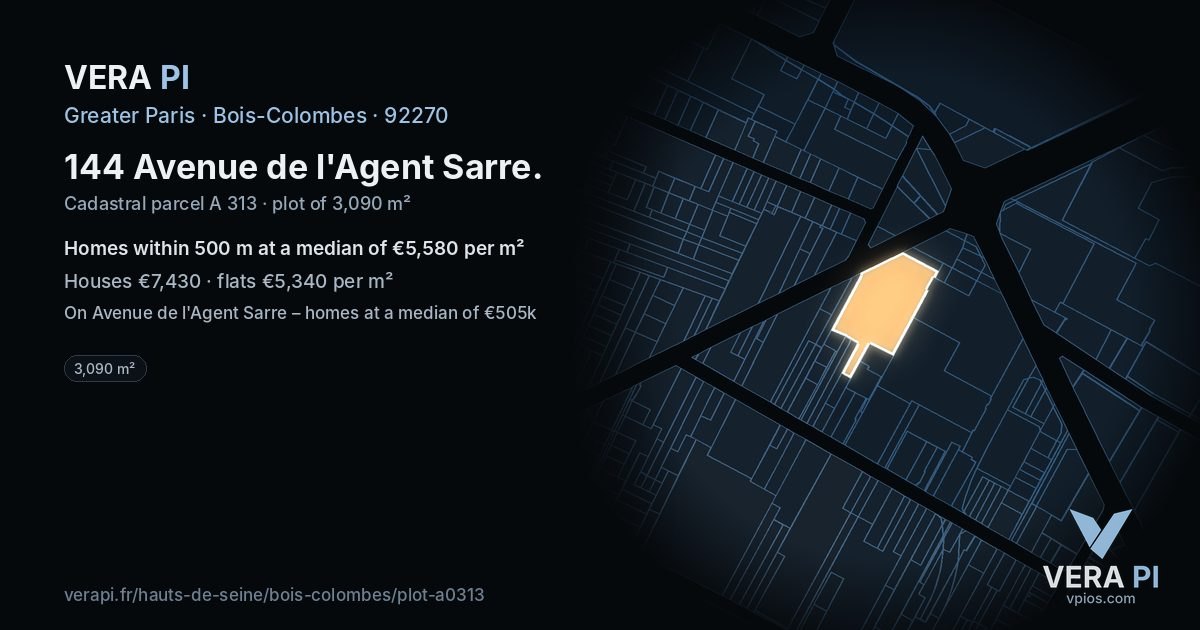 144 Avenue de l'Agent Sarre, Bois-Colombes at night – the plot lit, the parcels around coloured by the prices near them