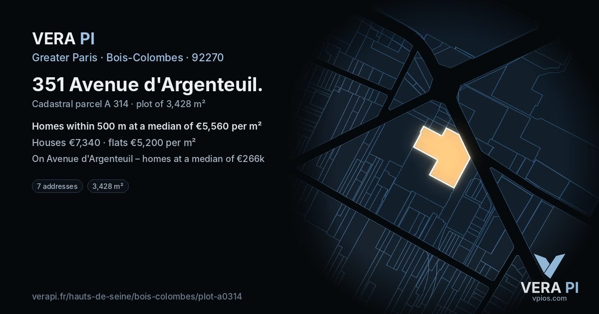 351 Avenue d'Argenteuil, Bois-Colombes at night – the plot lit, the parcels around coloured by the prices near them