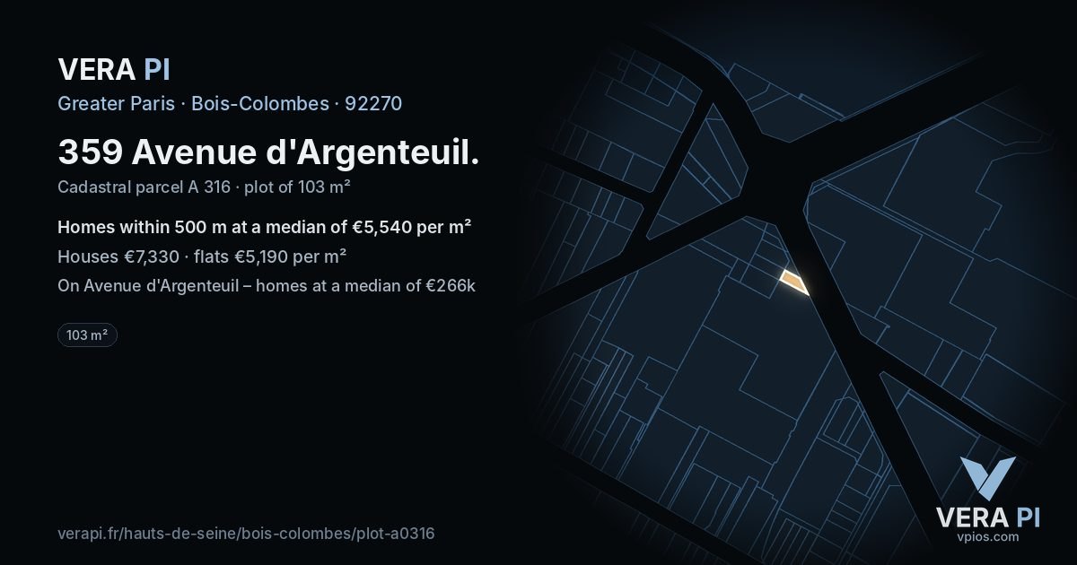 359 Avenue d'Argenteuil, Bois-Colombes at night – the plot lit, the parcels around coloured by the prices near them