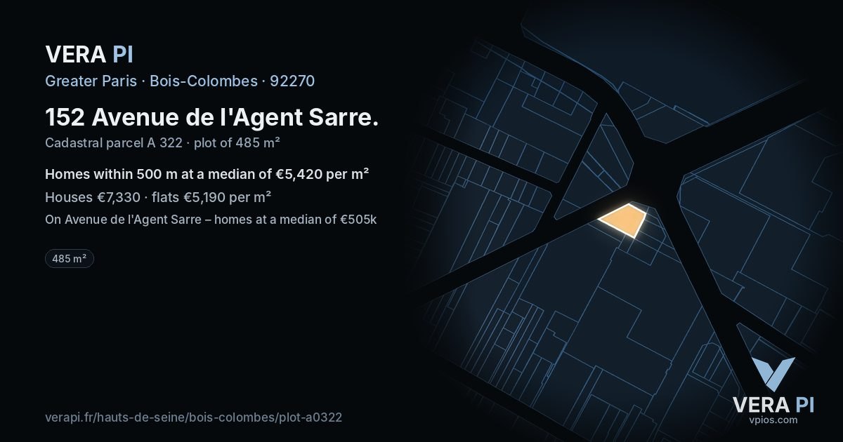 152 Avenue de l'Agent Sarre, Bois-Colombes at night – the plot lit, the parcels around coloured by the prices near them