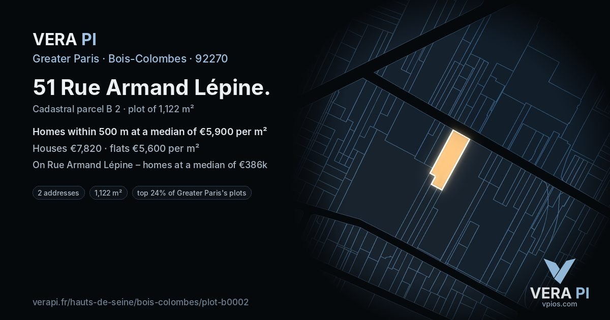 51 Rue Armand Lépine, Bois-Colombes at night – the plot lit, the parcels around coloured by the prices near them