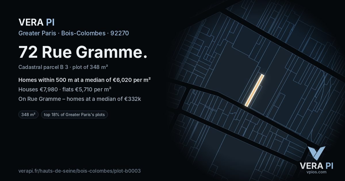 72 Rue Gramme, Bois-Colombes at night – the plot lit, the parcels around coloured by the prices near them