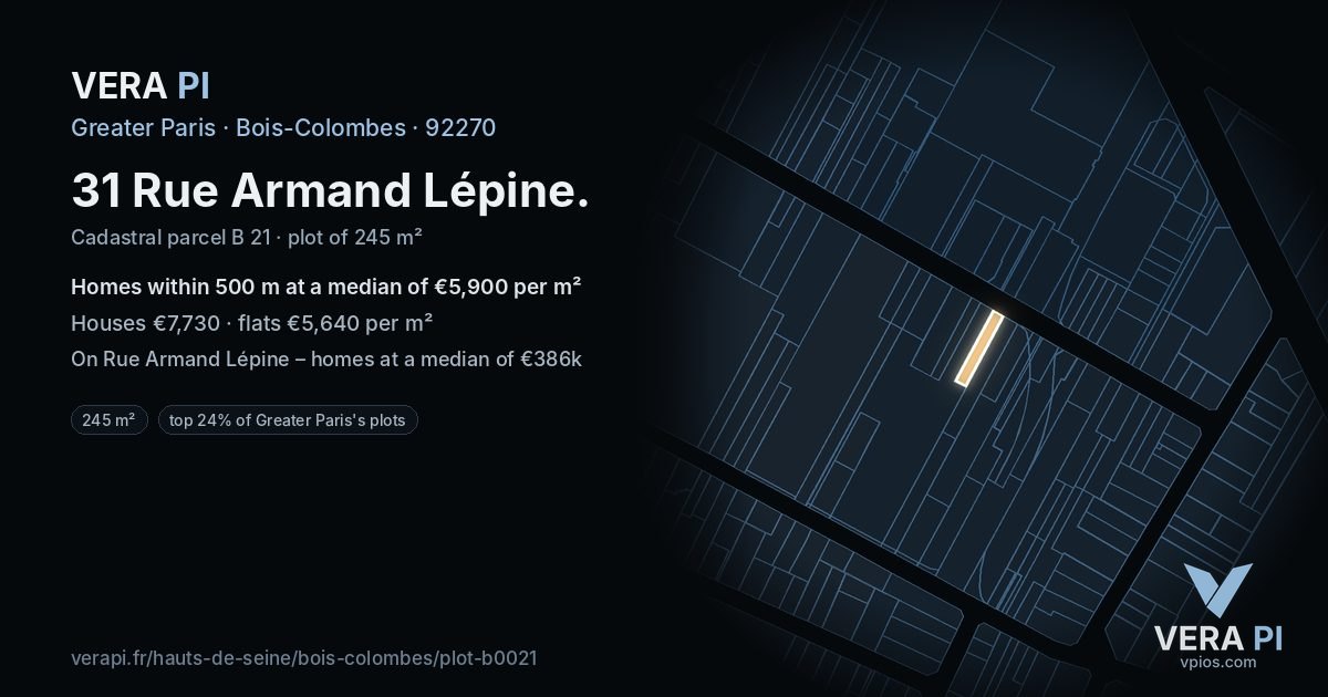 31 Rue Armand Lépine, Bois-Colombes at night – the plot lit, the parcels around coloured by the prices near them