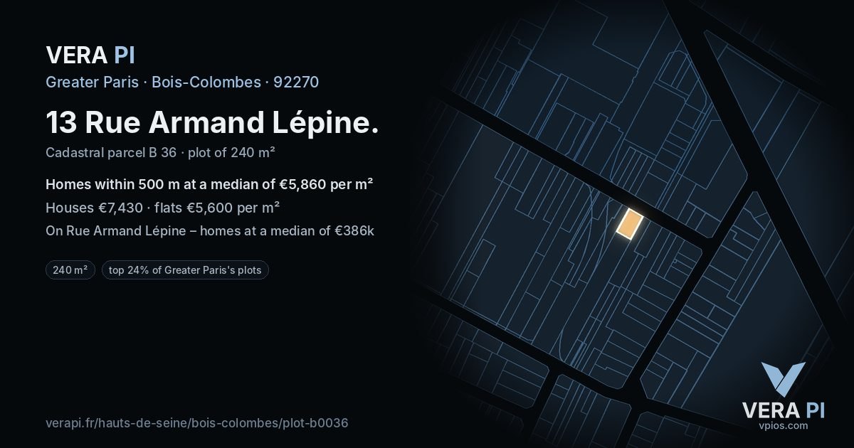 13 Rue Armand Lépine, Bois-Colombes at night – the plot lit, the parcels around coloured by the prices near them