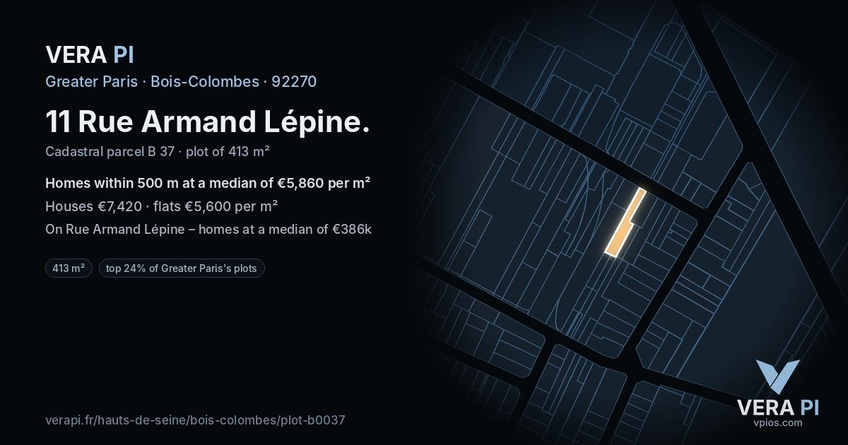 11 Rue Armand Lépine, Bois-Colombes at night – the plot lit, the parcels around coloured by the prices near them