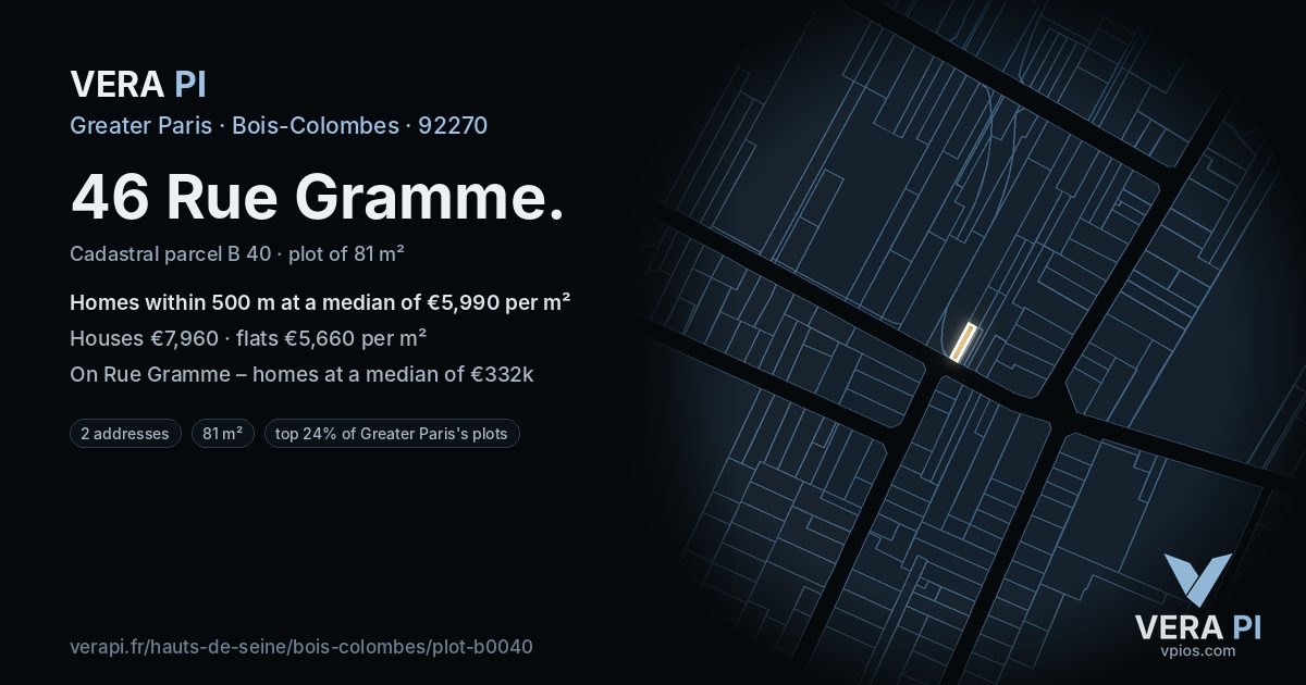 46 Rue Gramme, Bois-Colombes at night – the plot lit, the parcels around coloured by the prices near them