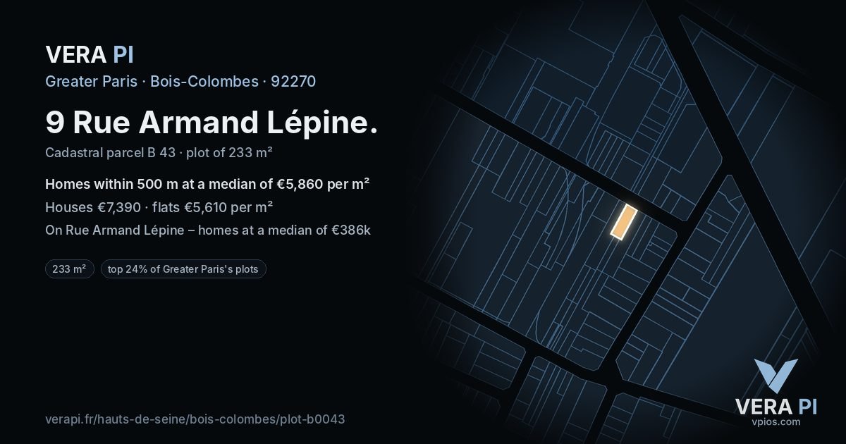 9 Rue Armand Lépine, Bois-Colombes at night – the plot lit, the parcels around coloured by the prices near them