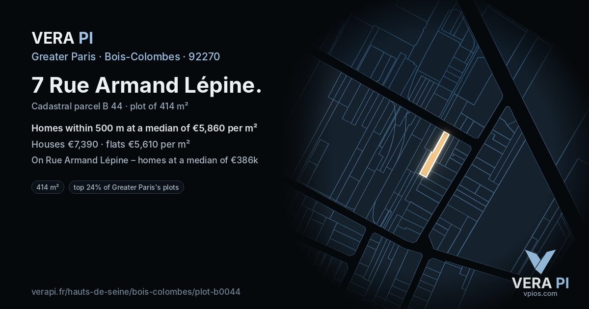7 Rue Armand Lépine, Bois-Colombes at night – the plot lit, the parcels around coloured by the prices near them