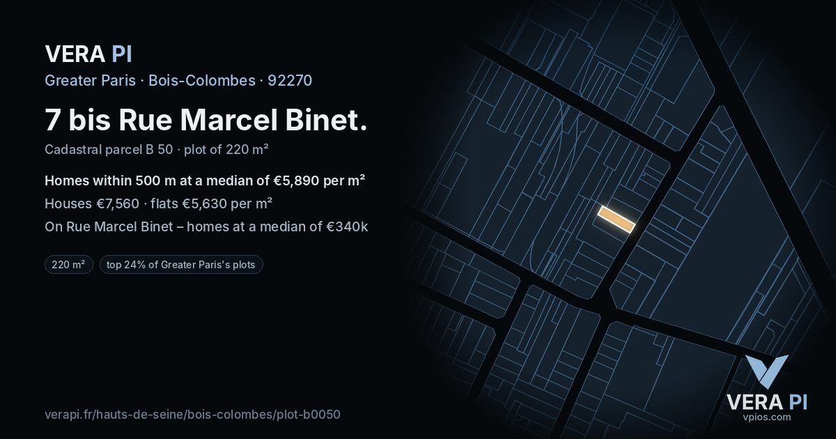 7 bis Rue Marcel Binet, Bois-Colombes at night – the plot lit, the parcels around coloured by the prices near them
