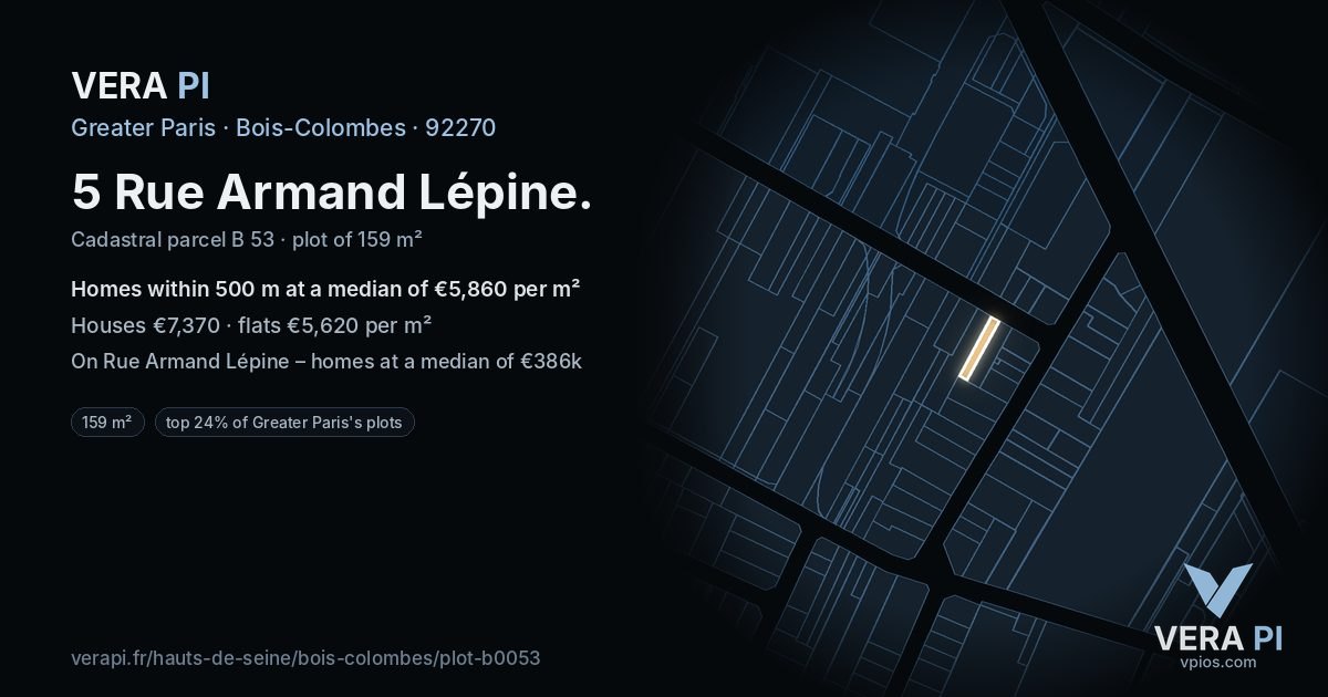 5 Rue Armand Lépine, Bois-Colombes at night – the plot lit, the parcels around coloured by the prices near them