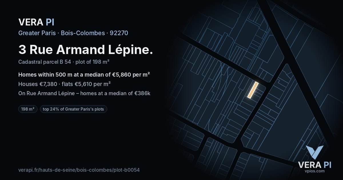 3 Rue Armand Lépine, Bois-Colombes at night – the plot lit, the parcels around coloured by the prices near them