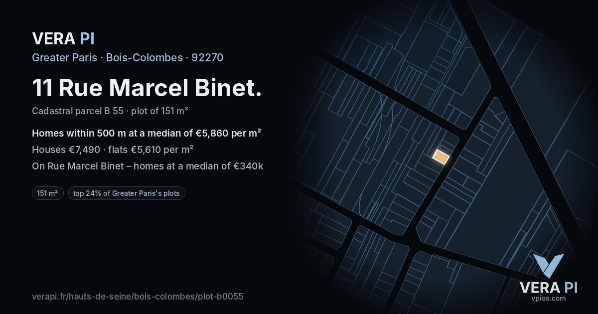 11 Rue Marcel Binet, Bois-Colombes at night – the plot lit, the parcels around coloured by the prices near them