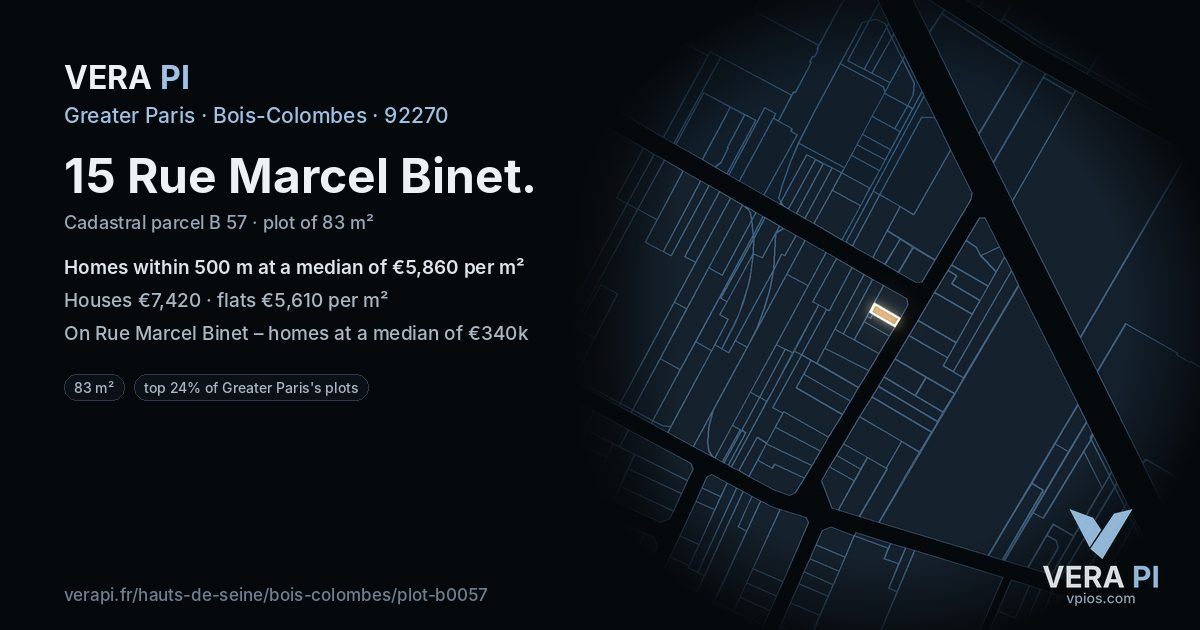 15 Rue Marcel Binet, Bois-Colombes at night – the plot lit, the parcels around coloured by the prices near them