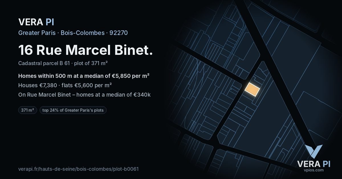 16 Rue Marcel Binet, Bois-Colombes at night – the plot lit, the parcels around coloured by the prices near them