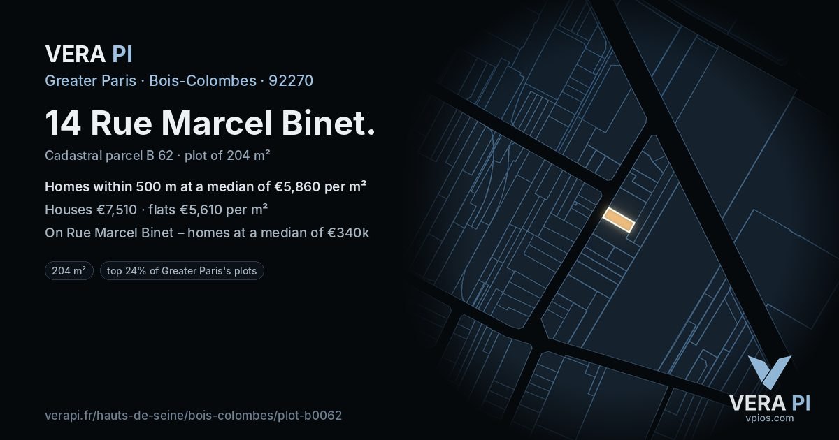 14 Rue Marcel Binet, Bois-Colombes at night – the plot lit, the parcels around coloured by the prices near them