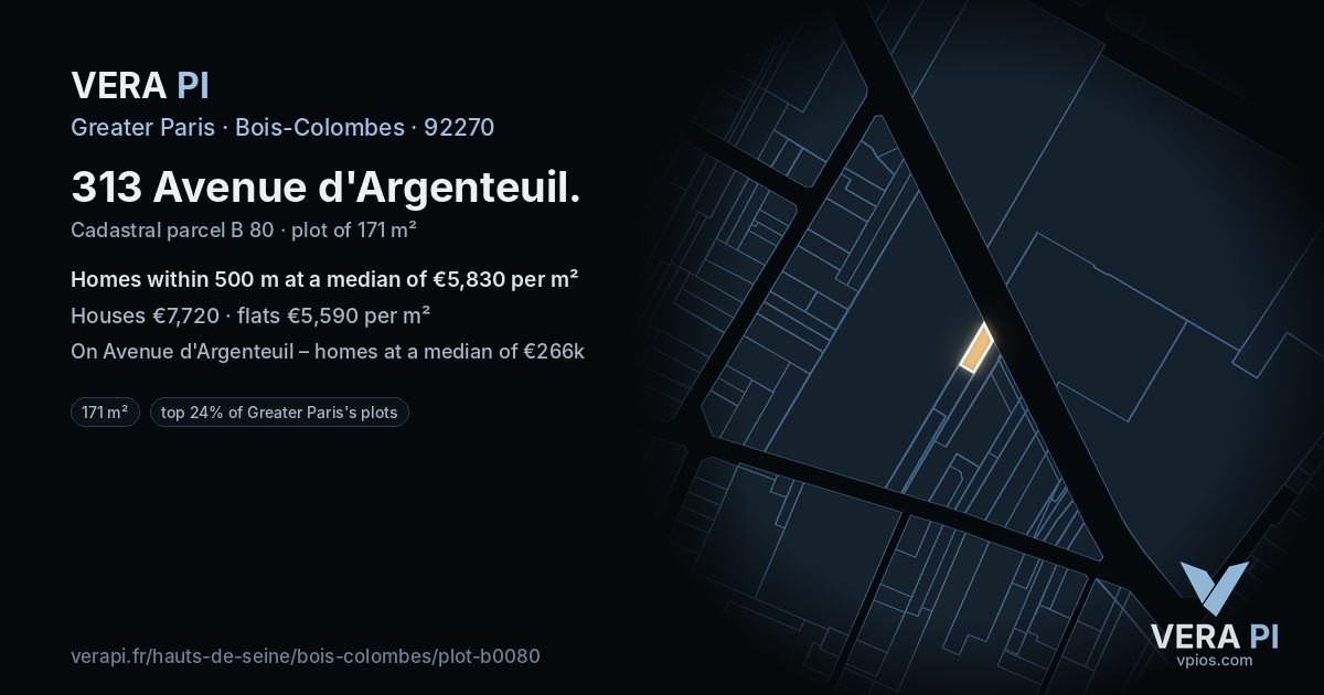 313 Avenue d'Argenteuil, Bois-Colombes at night – the plot lit, the parcels around coloured by the prices near them