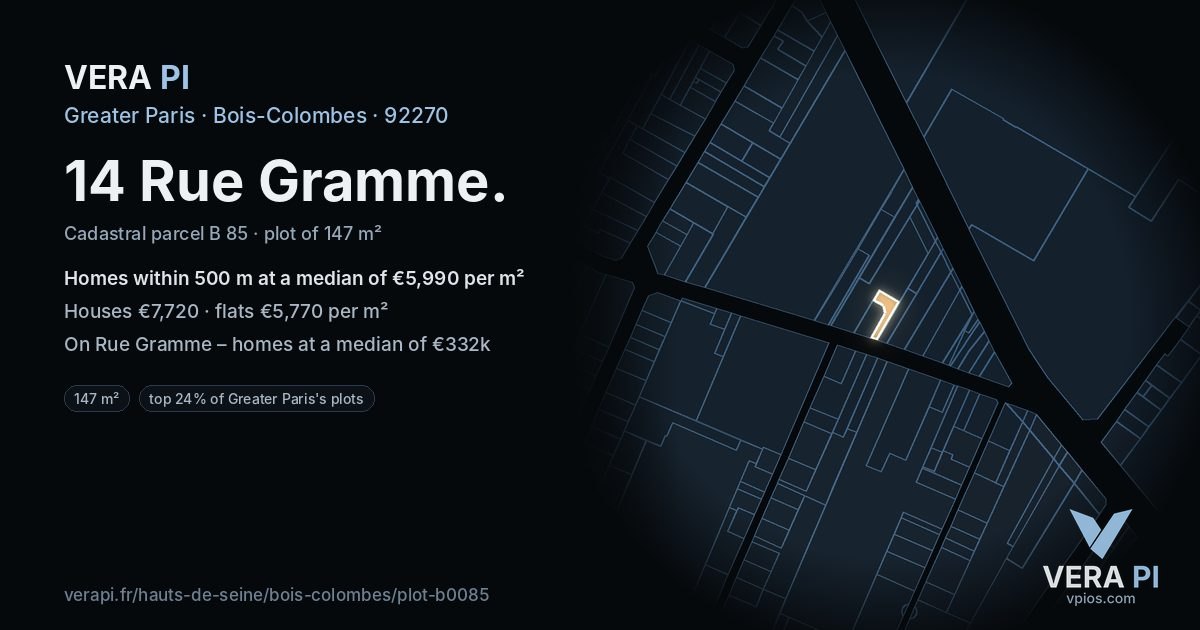 14 Rue Gramme, Bois-Colombes at night – the plot lit, the parcels around coloured by the prices near them