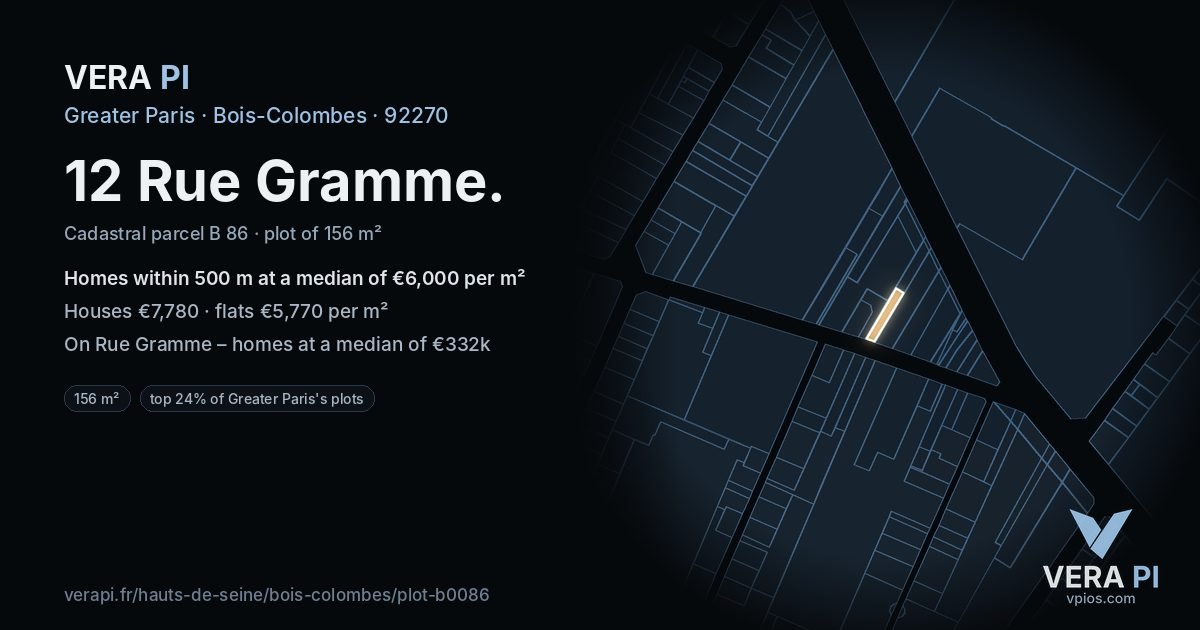 12 Rue Gramme, Bois-Colombes at night – the plot lit, the parcels around coloured by the prices near them
