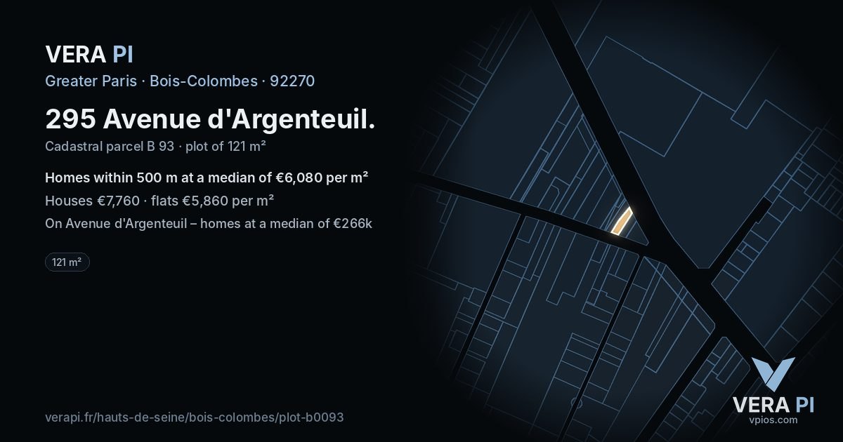 295 Avenue d'Argenteuil, Bois-Colombes at night – the plot lit, the parcels around coloured by the prices near them