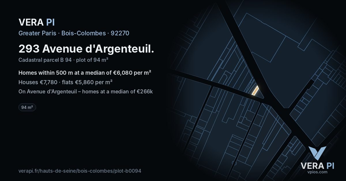293 Avenue d'Argenteuil, Bois-Colombes at night – the plot lit, the parcels around coloured by the prices near them