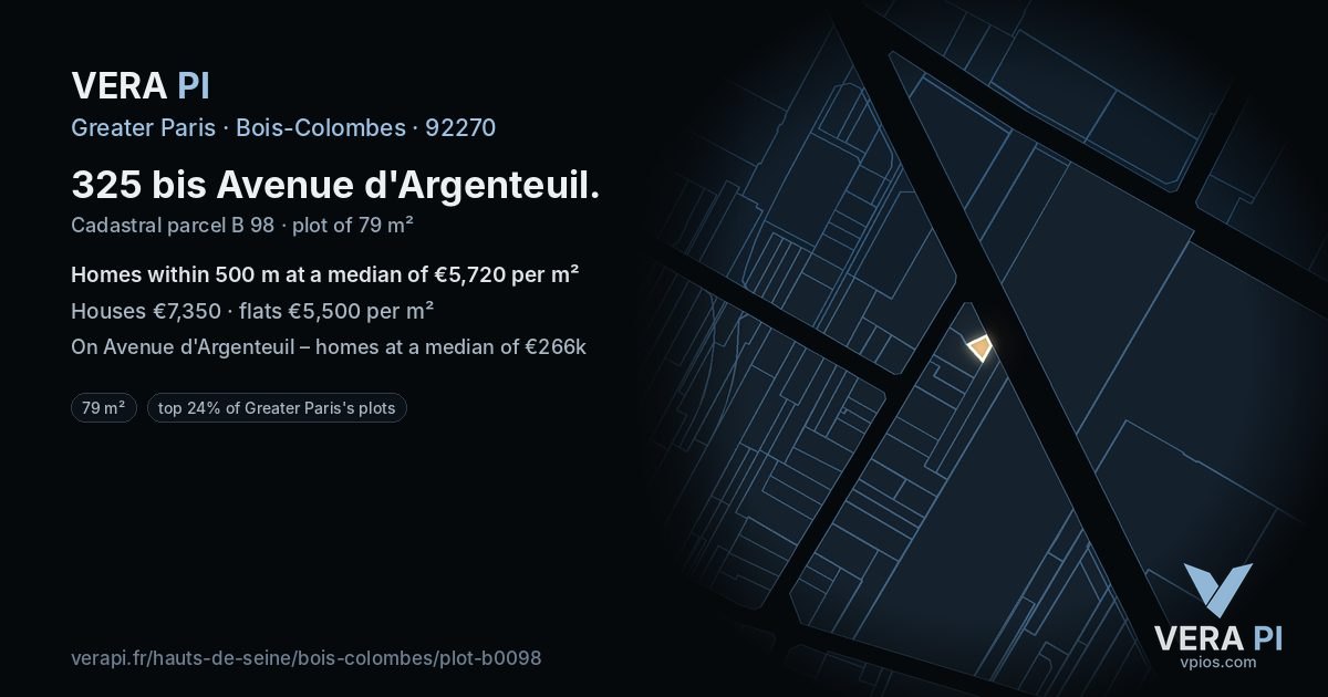 325 bis Avenue d'Argenteuil, Bois-Colombes at night – the plot lit, the parcels around coloured by the prices near them
