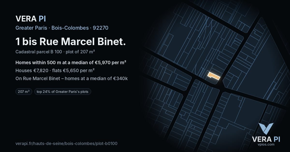 1 bis Rue Marcel Binet, Bois-Colombes at night – the plot lit, the parcels around coloured by the prices near them